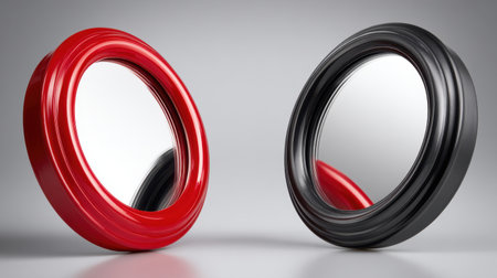 Two stylish circular mirrors, one red and one black, create a striking contrast against a soft gray background, enhancing modern interior aesthetics.の素材
