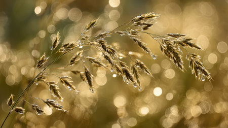 This close-up image captures dew-covered grasses with radiant golden hues in a dreamy, soft-focus background, evoking a serene connection with nature.の素材
