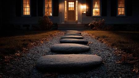 A tranquil evening scene featuring a stone pathway leading to a warmly lit home. The soft glow from the windows enhances the welcoming atmosphere.の素材