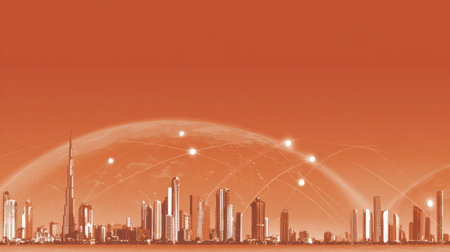 This abstract illustration showcases a vibrant orange skyline of a modern city representing technological advancement and global connectivity through digital networks.の素材