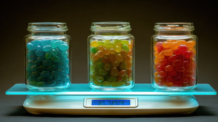 This image features three glass jars filled with vibrant jelly beans, displayed on a sleek digital scale. Perfect for candy shops or dessert showcases.の素材