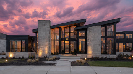 Stunning modern home featuring large glass windows and dramatic architectural lines, set against a vibrant sunset backdrop and landscaped surroundings.の素材