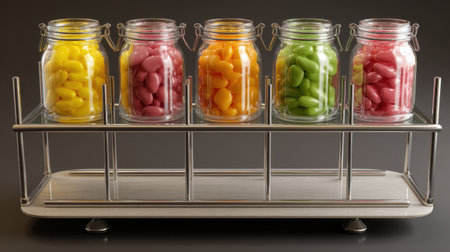 A charming arrangement of five glass jars filled with colorful candies in a sleek metal stand, perfect for showcasing treats or adding festivity to any setting.の素材