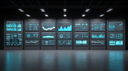 A modern control room featuring multiple screens displaying vivid data visualizations, graphs, and charts. Ideal for showcasing analytics and technology.の素材