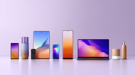 A contemporary arrangement of smartphones, tablets, and a laptop alongside beauty products, set against a soft purple background, showcasing the fusion of technology and lifestyle.の素材