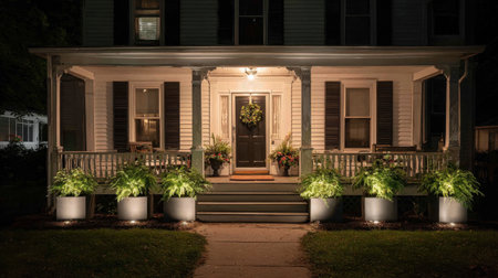A beautiful front porch illuminated by warm lighting, showcasing vibrant greenery and elegant design, creating a welcoming atmosphere at night.の素材