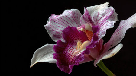 Stunning close-up view of a vibrant orchid flower featuring rich pink and white petals against a dark background, showcasing natural beauty and delicate details.の素材