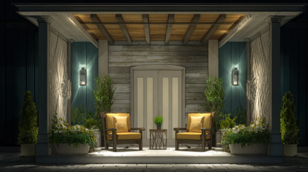 This image captures a cozy porch setting featuring two armchairs, a small table, and decorative plants illuminated by warm lighting, creating an inviting atmosphere.の素材