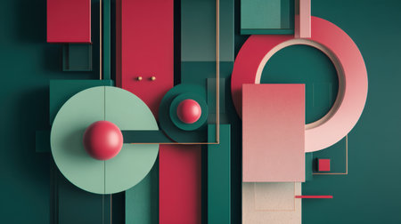 This abstract geometric artwork features a vivid arrangement of shapes, circles, and blocks, creating a striking visual experience for design enthusiasts.の素材