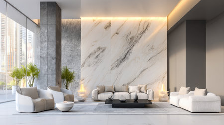 This modern luxurious living room features a stunning marble wall and stylish furniture. Large windows offer a captivating city view, creating an inviting atmosphere.の素材