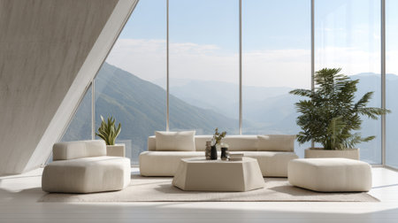 This image showcases a modern minimalist living room with expansive windows offering breathtaking mountain views. The elegant furniture and lush greenery create a serene atmosphere.の素材