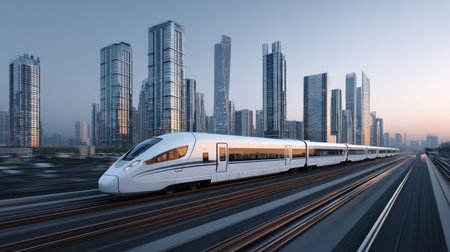 A sleek high-speed train swiftly glides through a modern urban landscape at sunrise, highlighting the advanced architecture of towering skyscrapers.の素材