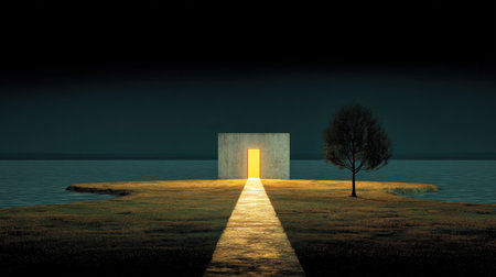 A captivating image showcasing a mysterious doorway illuminating a pathway on a tranquil island embraced by water under a dark sky.の素材