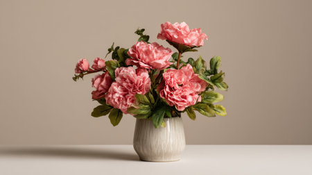 A beautiful arrangement of pink flowers with lush green leaves in a stylish vase, perfect for enhancing any interior space with a touch of elegance and beauty.の素材