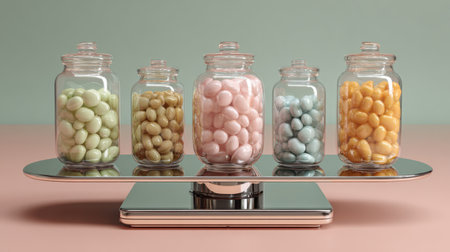 This image showcases an elegant arrangement of colorful glass jars filled with decorative candies, displayed on a sleek scale. The soft pastel background enhances the vibrant colors, creating a visually appealing scene perfect for candy shops or dessert themes.の素材