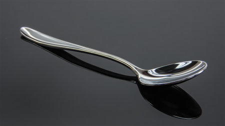 This image features a sleek silver spoon with a modern design, beautifully set against a reflective black surface, perfect for culinary presentations.の素材