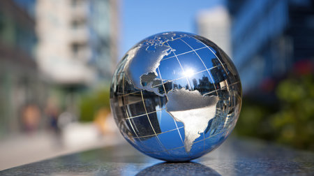 A stunning reflective globe highlighting the continents, set against a vibrant urban backdrop under a clear blue sky, symbolizing global connection.の素材