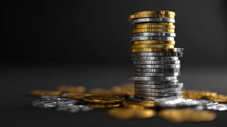 A striking arrangement of stacked coins in gold and silver, symbolizing wealth and investment in a minimalist background, perfect for finance-related projects.の素材