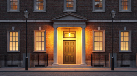 This image captures an elegant historical building facade illuminated by warm light at dusk, showcasing intricate architectural details and inviting charm.の素材