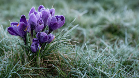 A cluster of vibrant purple crocus flowers emerge from dewy grass, adorned with frost, showcasing the beauty of nature in early spring. This serene scene captures the essence of seasonal change and awakening in a tranquil outdoor setting.の素材