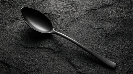 A sleek black spoon rests on a textured stone surface, showcasing minimalist design. This image captures elegance and simplicity, ideal for culinary applications.の素材