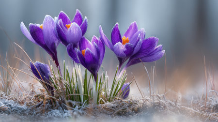 A stunning display of purple crocus flowers emerging from the frost in the early morning light, showcasing nature's beauty and resilience in spring.の素材
