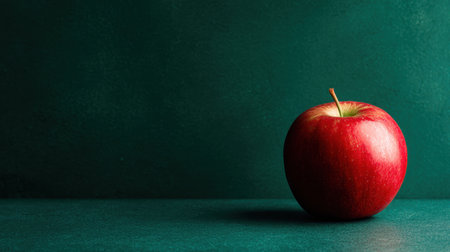 A vibrant red apple sits alone against a textured dark green background, highlighting its freshness and appeal. Perfect for themes of health and nutrition.の素材