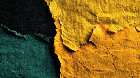 An abstract representation of torn paper layers showcasing a blend of black, yellow, and green colors, ideal for artistic projects or backgrounds.の素材