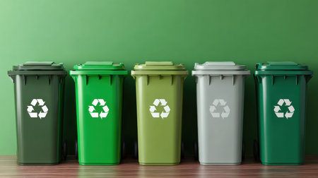 A set of colorful recycling bins designed for efficient waste management against a vibrant green background, promoting eco-friendly practices and sustainability.の素材