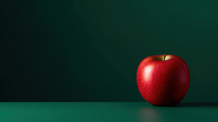 A vibrant red apple stands alone on a green surface, creating a striking contrast. This minimalist composition highlights the fruit's freshness and allure, perfect for health and nutrition themes.の素材