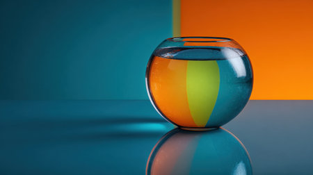 This striking image features a clear glass bowl filled with water, set against vibrant blue, orange, and green backgrounds. The interplay of colors and reflections creates an artistic vision perfect for various creative projects.の素材