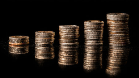 This image features stacks of coins arranged in a growing manner on a reflective surface against a black background, symbolizing financial growth and investment success.の素材