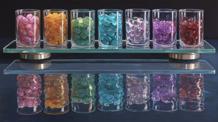 A stunning arrangement of colorful glass jars filled with vibrant jelly beans on a modern glass platter, showcasing a beautiful reflection and an array of shades.の素材