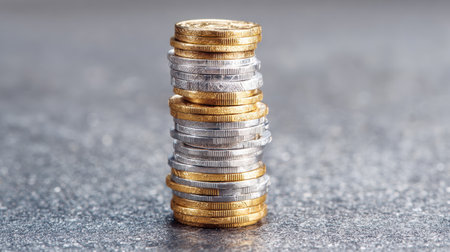 A visually striking image of neatly stacked golden and silver coins on a shimmering surface. This composition symbolizes wealth, commerce, and financial success, making it ideal for projects related to investment and personal finance.の素材