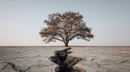 A lone tree stands boldly on arid, cracked land, symbolizing resilience in the face of drought and environmental challenges under an open sky.の素材