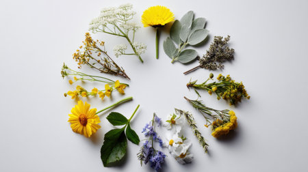 A stunning circular arrangement of vibrant wildflowers and lush green foliage set against a clean white background, perfect for natural design projects or botanical themes.の素材