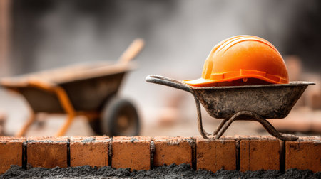 A focused scene of construction gear featuring a wheelbarrow and an orange hard hat resting on brickwork, capturing the essence of building and safety.の素材