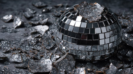 A shattered disco ball sits surrounded by gleaming silver fragments on a dark surface, creating an abstract artistic representation of celebration and nightlife.の素材