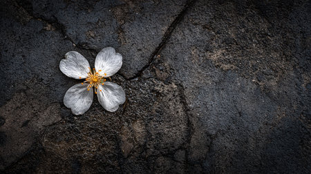 A single white flower petal rests gracefully on a dark, cracked surface, showcasing a striking contrast and evoking feelings of fragility and beauty in nature.の素材