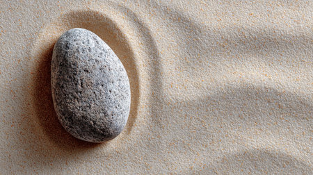 A solitary gray stone rests on a textured sandy surface with gentle curves, embodying tranquility and harmony. Ideal for wellness and nature themes.の素材