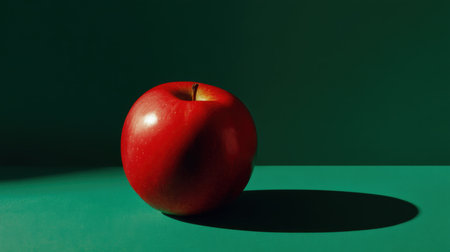 A bright red apple rests on a smooth teal surface, casting a long shadow under soft lighting. This vibrant still life captures the essence of freshness and simplicity.の素材