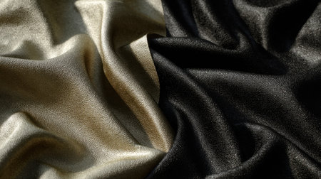 This image showcases a stunning close-up of golden and black satin fabric, highlighting the smooth textures and rich colors. Ideal for fashion and design projects.の素材