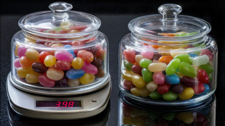 This image features two glass jars filled with a variety of colorful jelly beans placed on a kitchen scale, showing a weight of 3.98 ounces against a sleek black background.の素材
