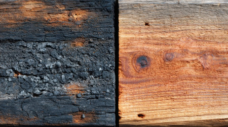 This image showcases the striking contrast between charred wood and natural wood textures, highlighting their unique characteristics and potential uses in design and crafts.の素材