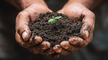 A close-up view of hands holding rich soil with a small green seedling emerging, symbolizing care, growth, and connection to nature.の素材