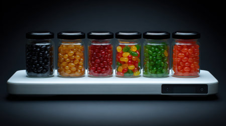This image showcases a stunning arrangement of colorful jelly beans housed in small glass jars, elegantly placed on a sleek white display stand against a dramatic black background.の素材