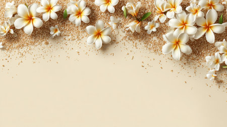 Delicate plumeria flowers arranged elegantly atop soft sand create a serene and tropical atmosphere. Perfect for themes of relaxation, summer, and beauty.の素材