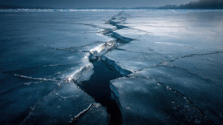 A stunning winter image showcasing cracked ice atop a frozen lake, revealing dark water below. The peaceful landscape features intricate textures, capturing the beauty of nature in icy conditions.の素材