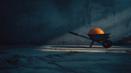 A striking image featuring a wheelbarrow holding a vibrant orange ball, illuminated by soft shadows in a dark industrial room, creating depth and intrigue.の素材