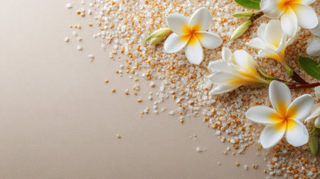 A serene composition featuring delicate white frangipani flowers paired with coarse sea salt creates a soothing atmosphere, perfect for spa settings.の素材